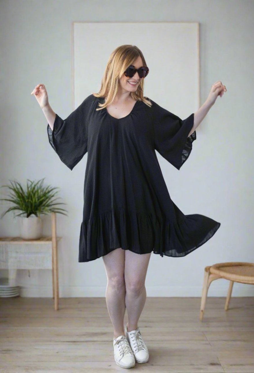 Black Vee-Neck Frilled Dress 