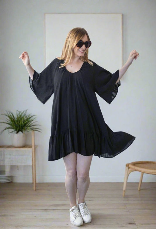 Black Vee-Neck Frilled Dress 