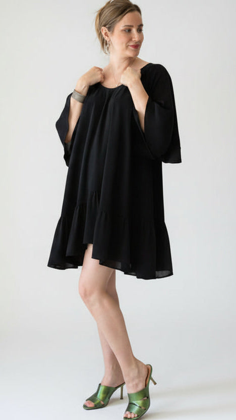 V-neck little black dresswih frilled hem