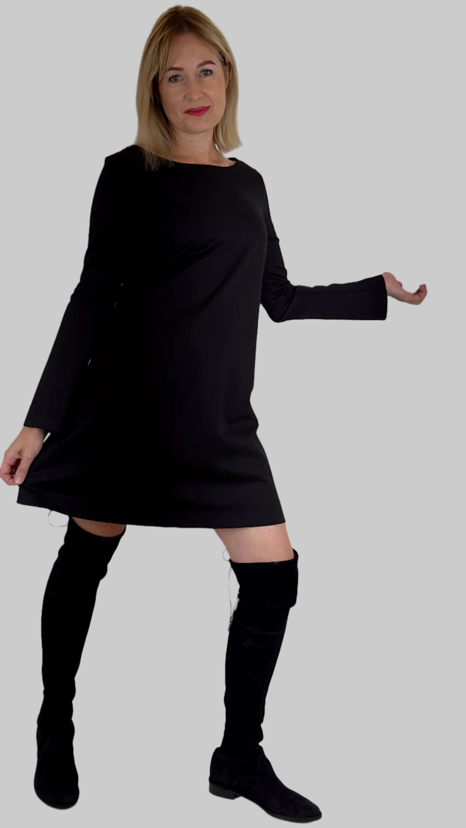  Black Boat Neck Bell Sleeve Dress