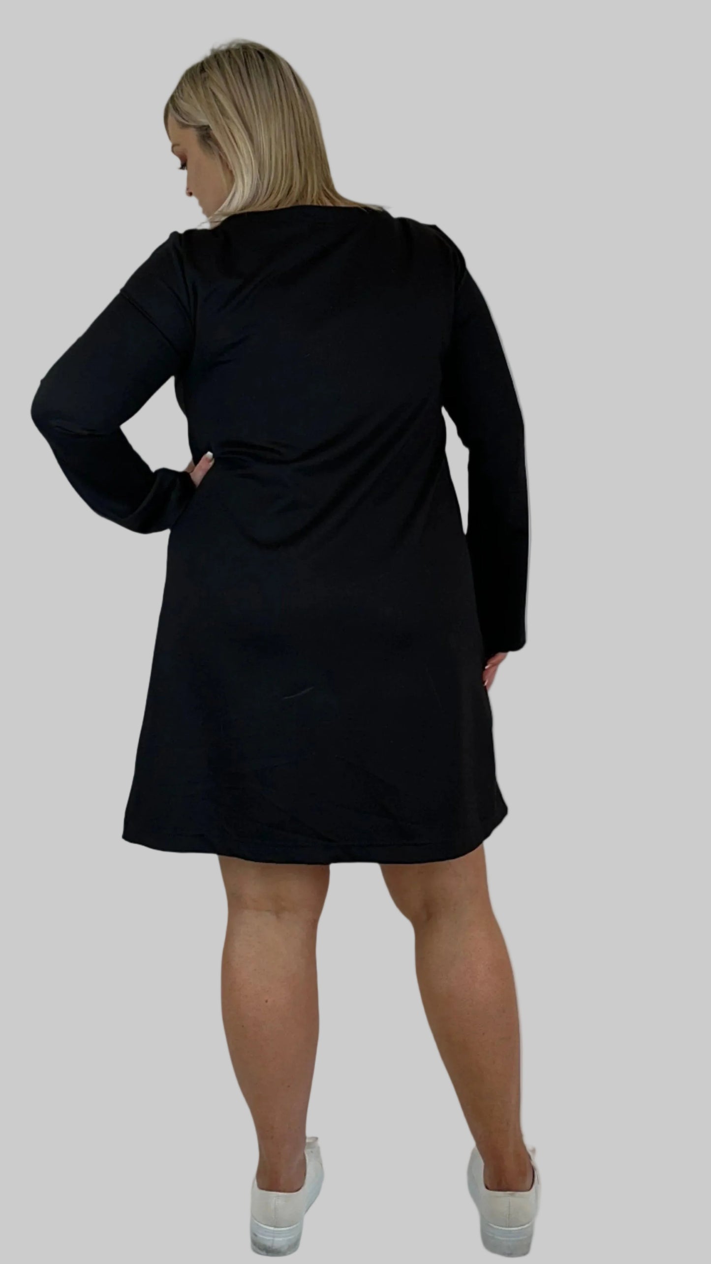  Black Boat Neck Bell Sleeve Dress back