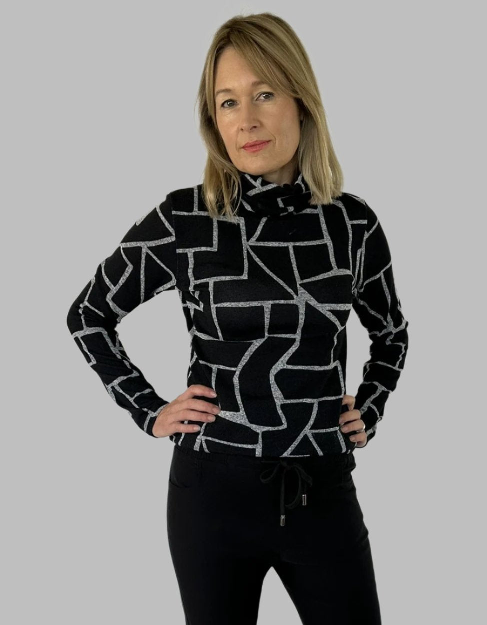 Funnel Neck Top Black Aztec