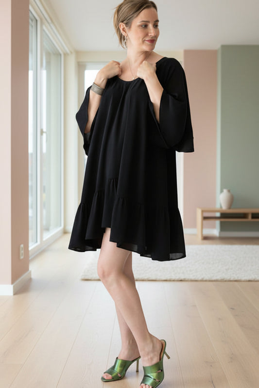 V-neck little black dress wih frilled hem